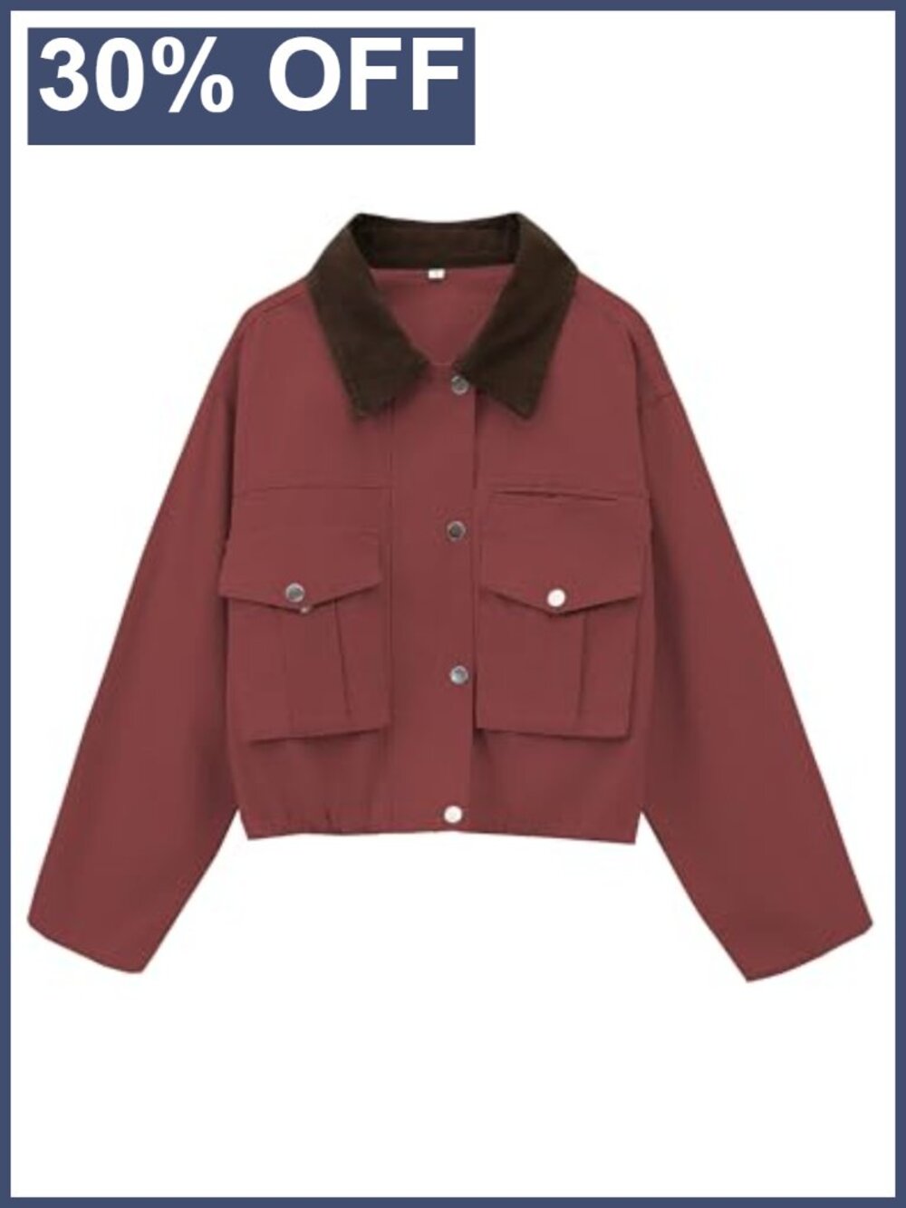 Womens Cropped Cotton Jacket Contrast Collar Barn Jacket Button Front Loose Fit